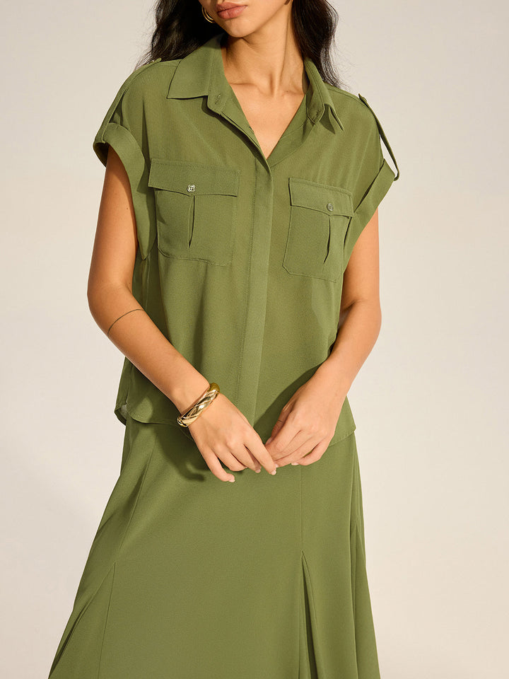Ensemble Chemise en Mousseline à Manches Revers et Jupe Midi à Poches