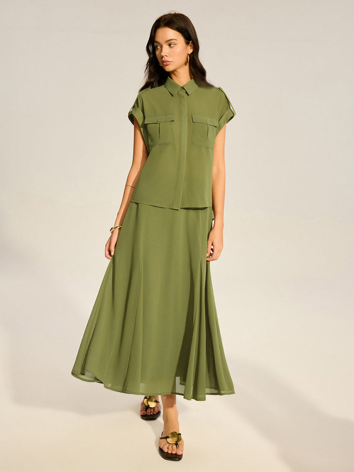 Ensemble Chemise en Mousseline à Manches Revers et Jupe Midi à Poches
