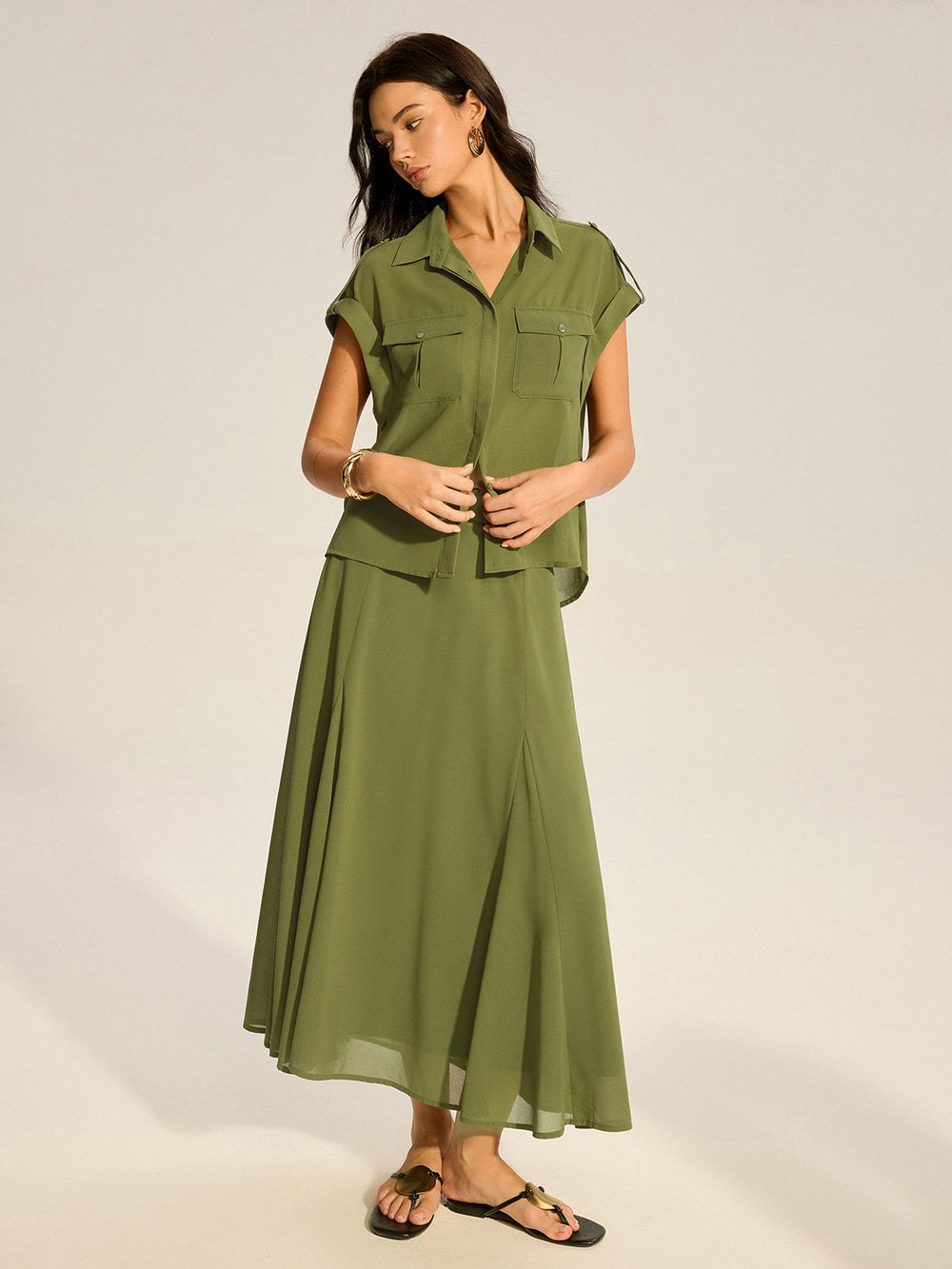 Ensemble Chemise en Mousseline à Manches Revers et Jupe Midi à Poches
