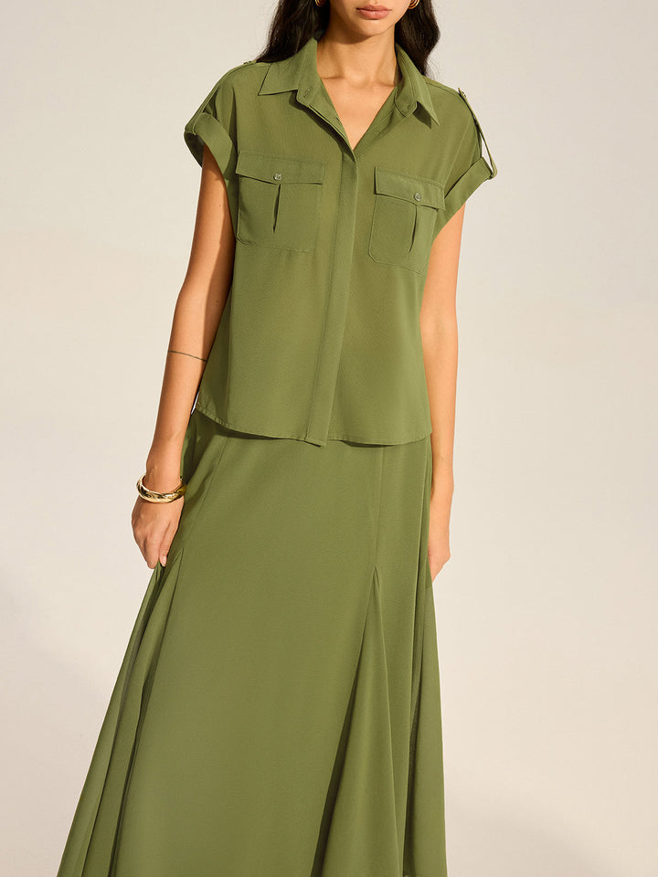 Ensemble Chemise en Mousseline à Manches Revers et Jupe Midi à Poches
