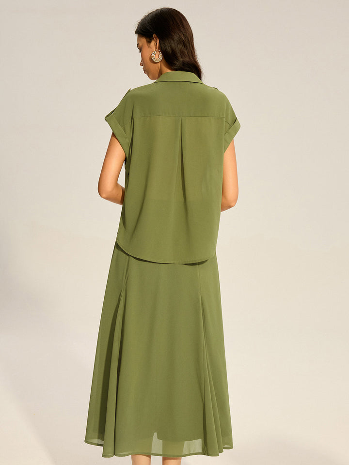 Ensemble Chemise en Mousseline à Manches Revers et Jupe Midi à Poches