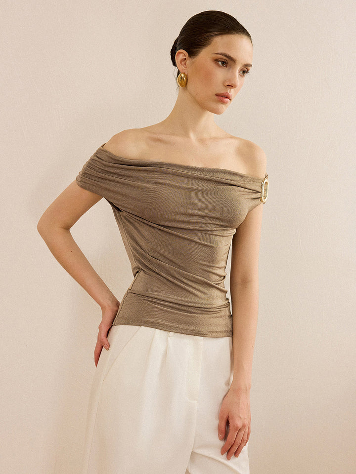 Top Bardot à Ruchés avec Boucle Métallique