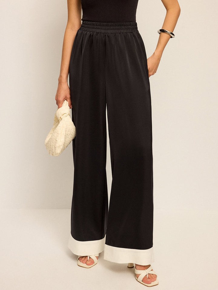 Pantalon Large Satin avec Revers Contrastants