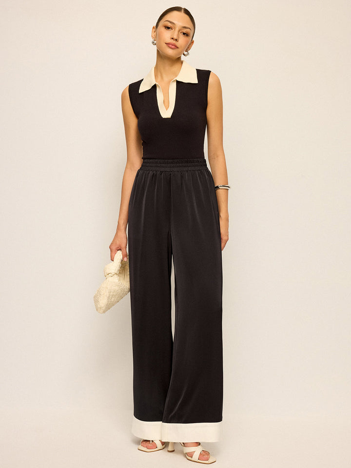 Pantalon Large Satin avec Revers Contrastants