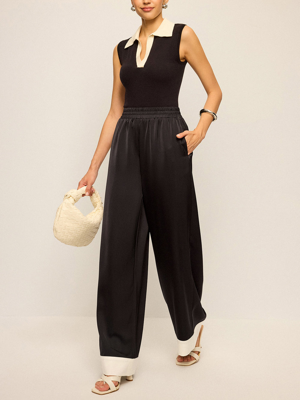 Pantalon Large Satin avec Revers Contrastants