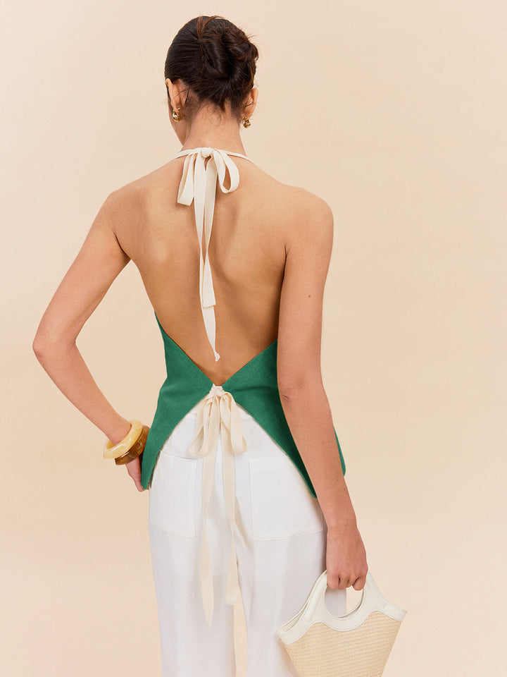 Haut dos nu en coton et lin avec poche décorative