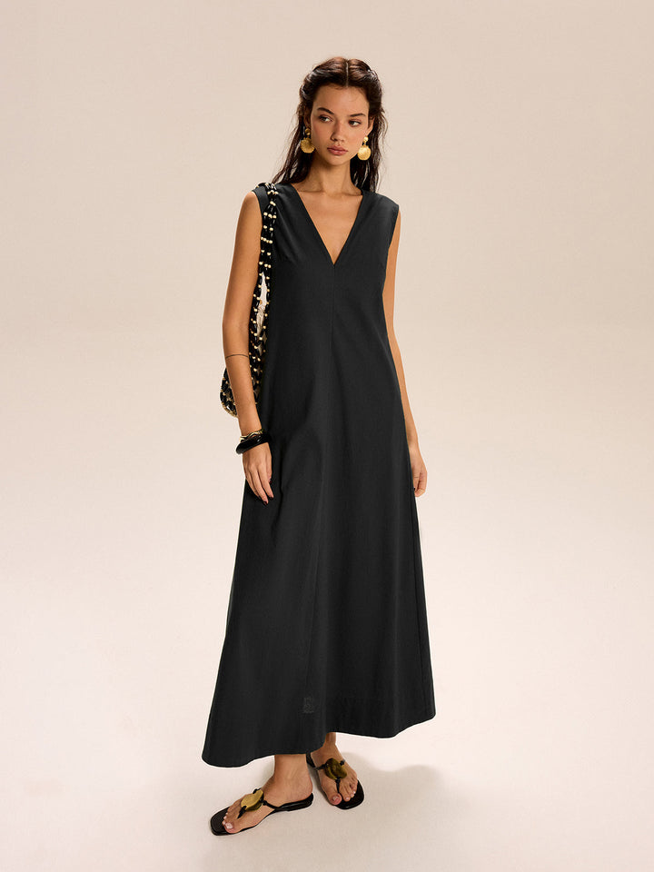 Robe Longue à Col en V et Poches en Lin et Coton