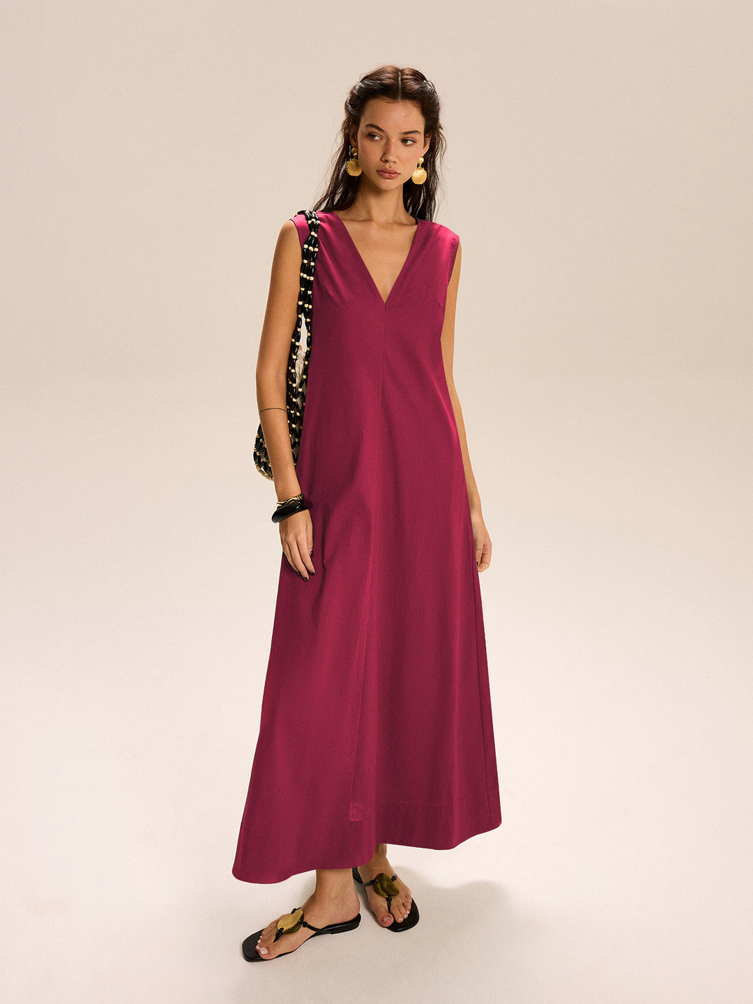 Robe Longue à Col en V et Poches en Lin et Coton
