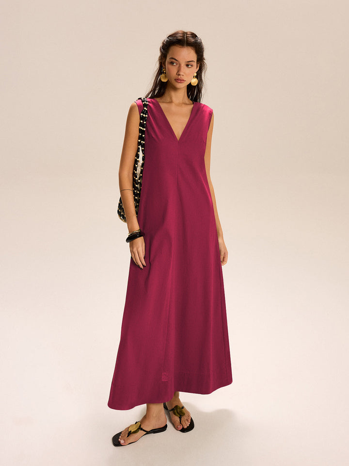 Robe Longue à Col en V et Poches en Lin et Coton
