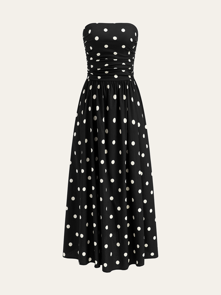Robe Mi-longue Sans Bretelles à Ruchés et Pois