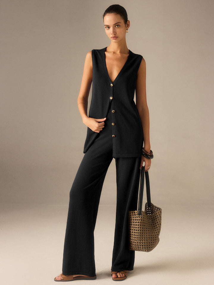 Ensemble Pantalon Gilet Tricot Bouton Doré