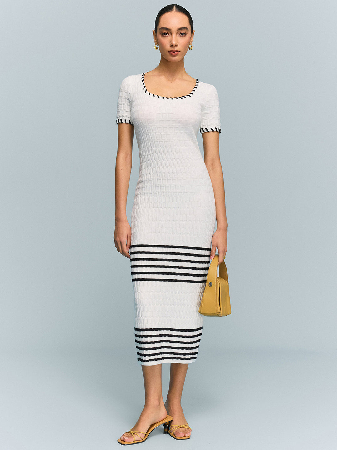 Robe Midi en Tricot Texturé avec Ourlet Rayé