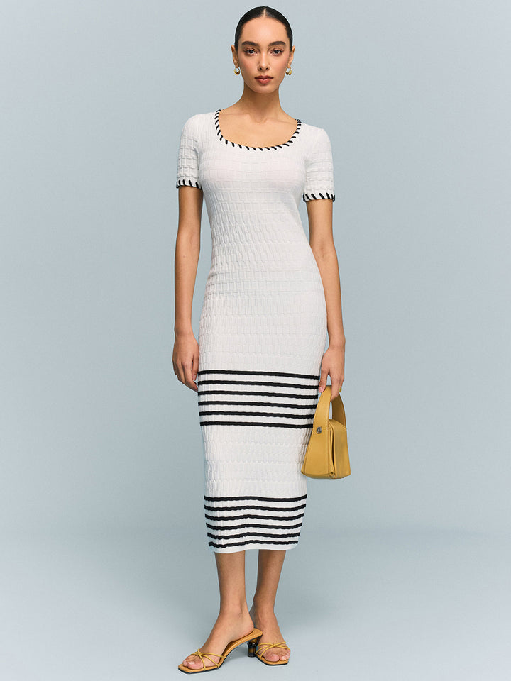 Robe Midi en Tricot Texturé avec Ourlet Rayé