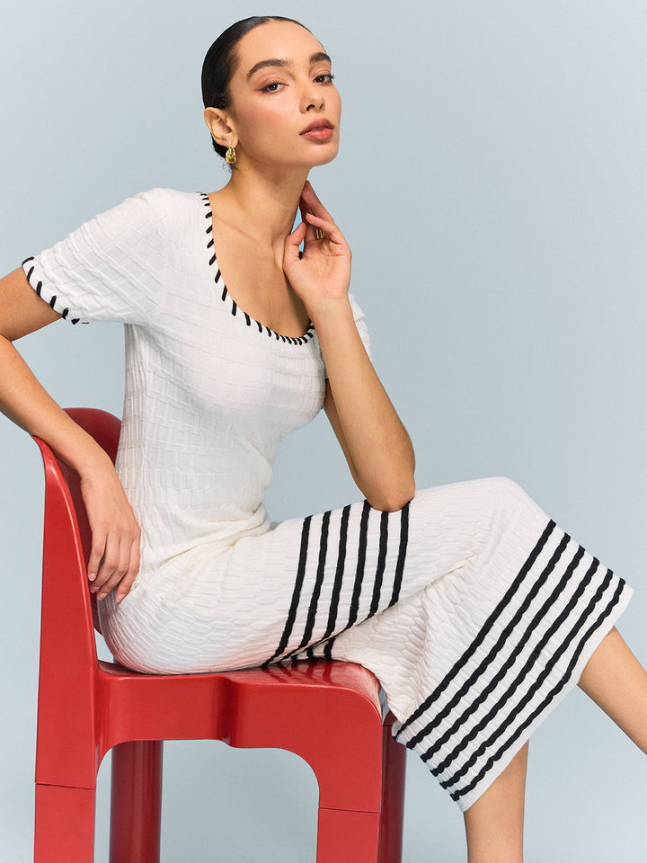 Robe Midi en Tricot Texturé avec Ourlet Rayé