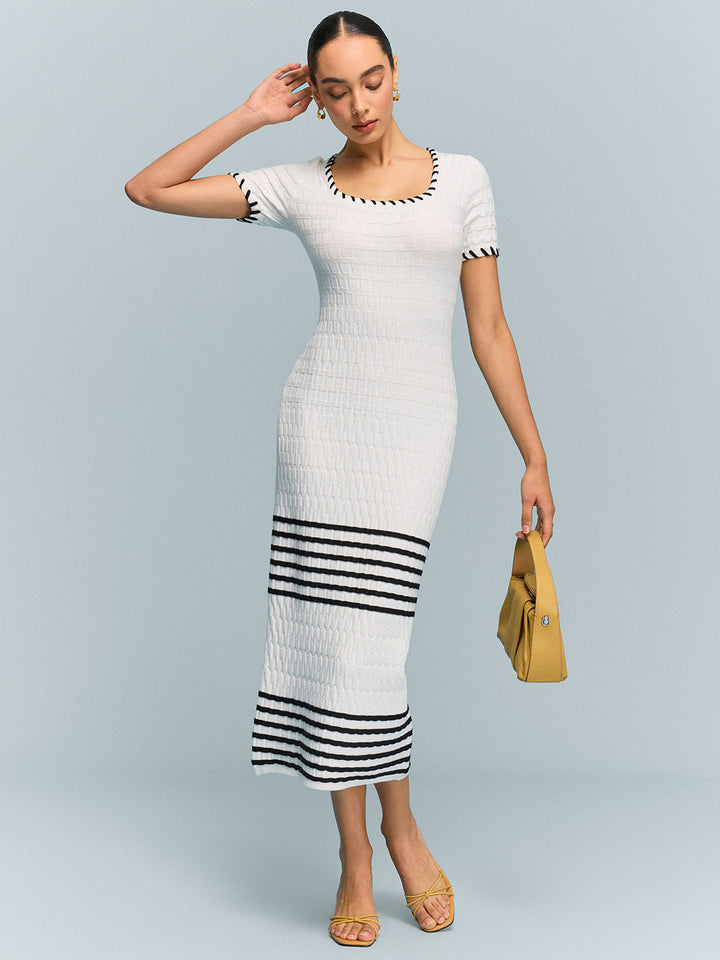 Robe Midi en Tricot Texturé avec Ourlet Rayé