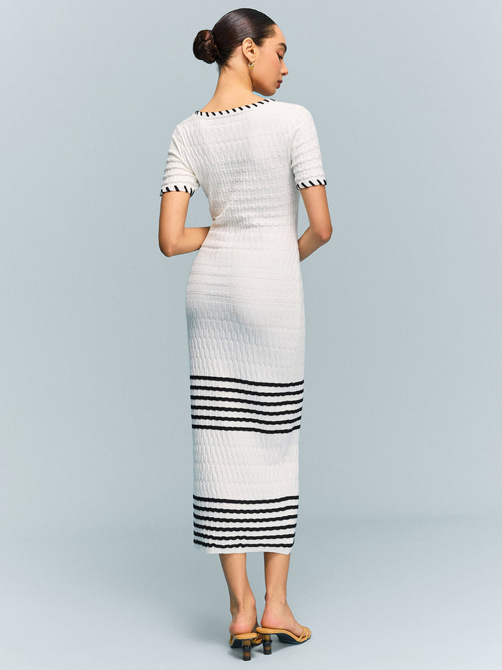 Robe Midi en Tricot Texturé avec Ourlet Rayé