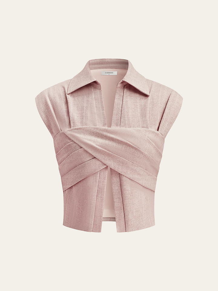 Blouse Courte en Mélange de Lin avec Détail Croisé