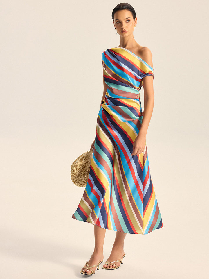Robe Maxi Asymétrique à Rayures Colorées