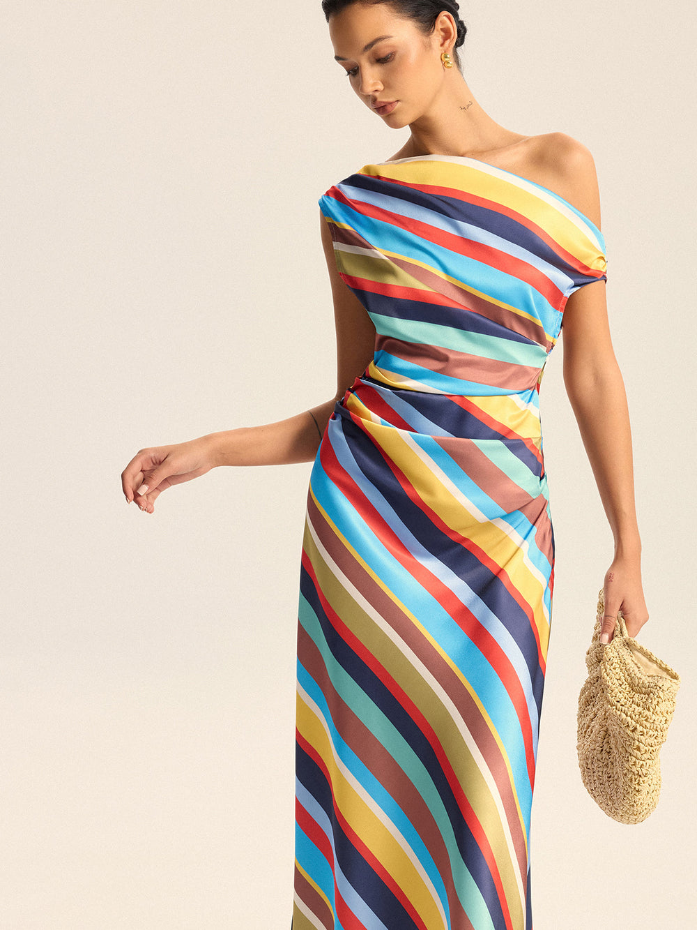 Robe Maxi Asymétrique à Rayures Colorées