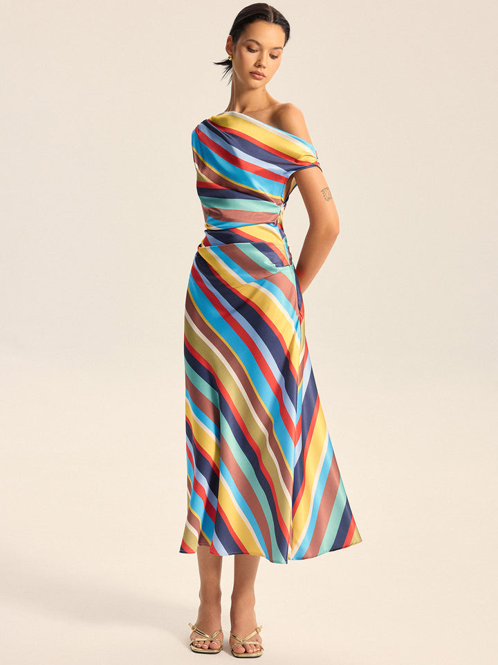 Robe Maxi Asymétrique à Rayures Colorées