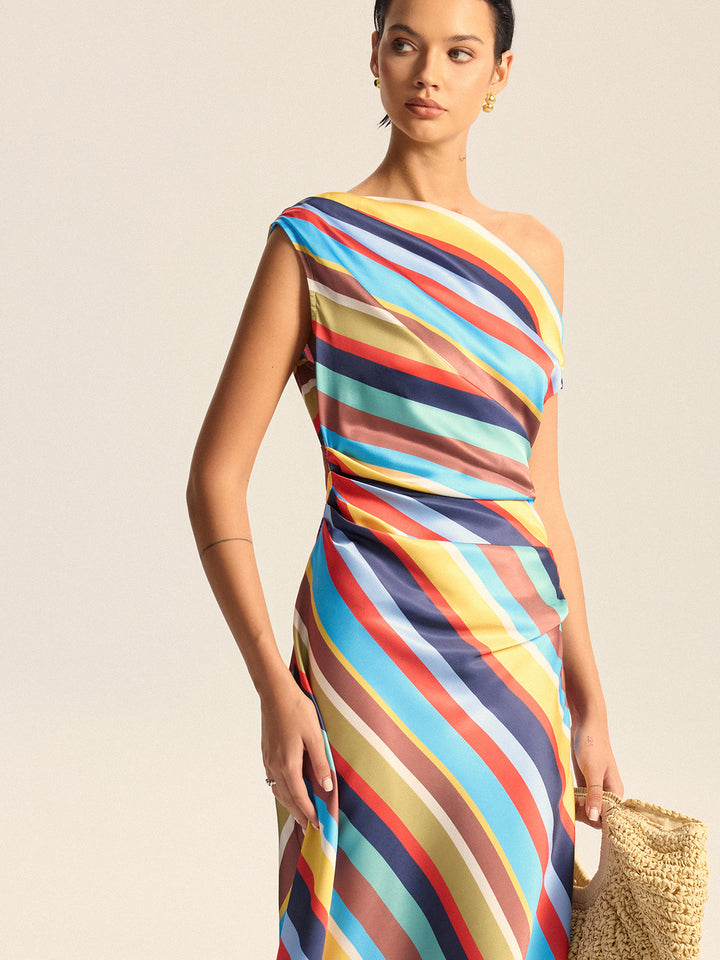 Robe Maxi Asymétrique à Rayures Colorées