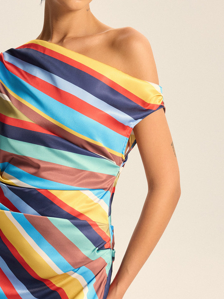 Robe Maxi Asymétrique à Rayures Colorées