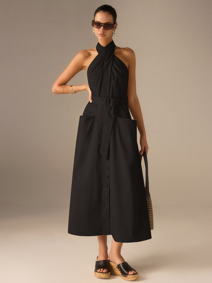 Robe Mi-longue plissée à col bénitier avec ceinture