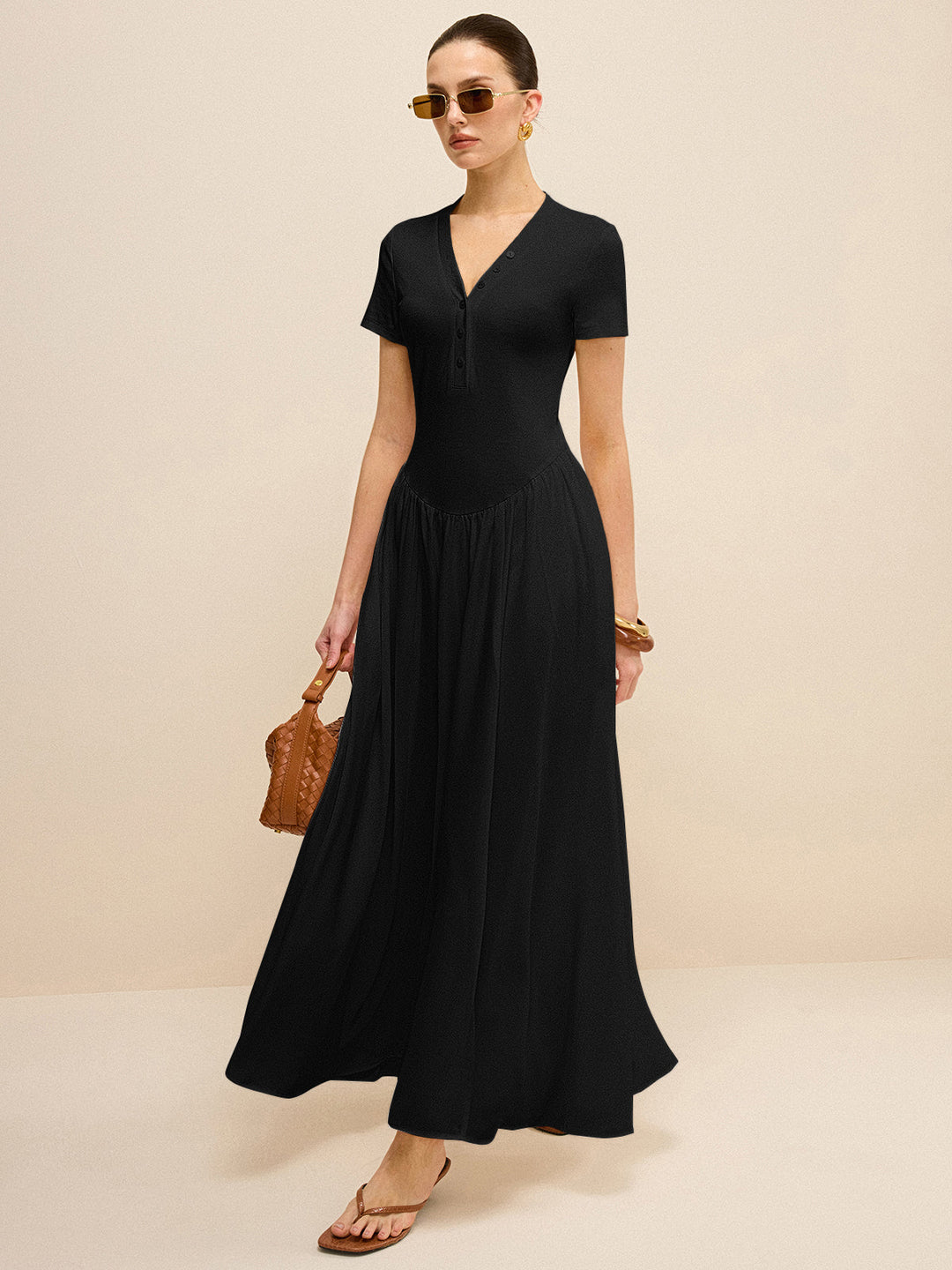 Robe Longue à Col en V et Patte de Boutonnage