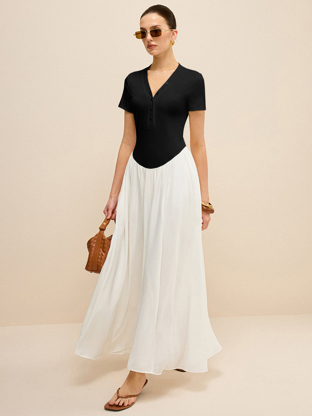 Robe Longue à Col en V et Patte de Boutonnage