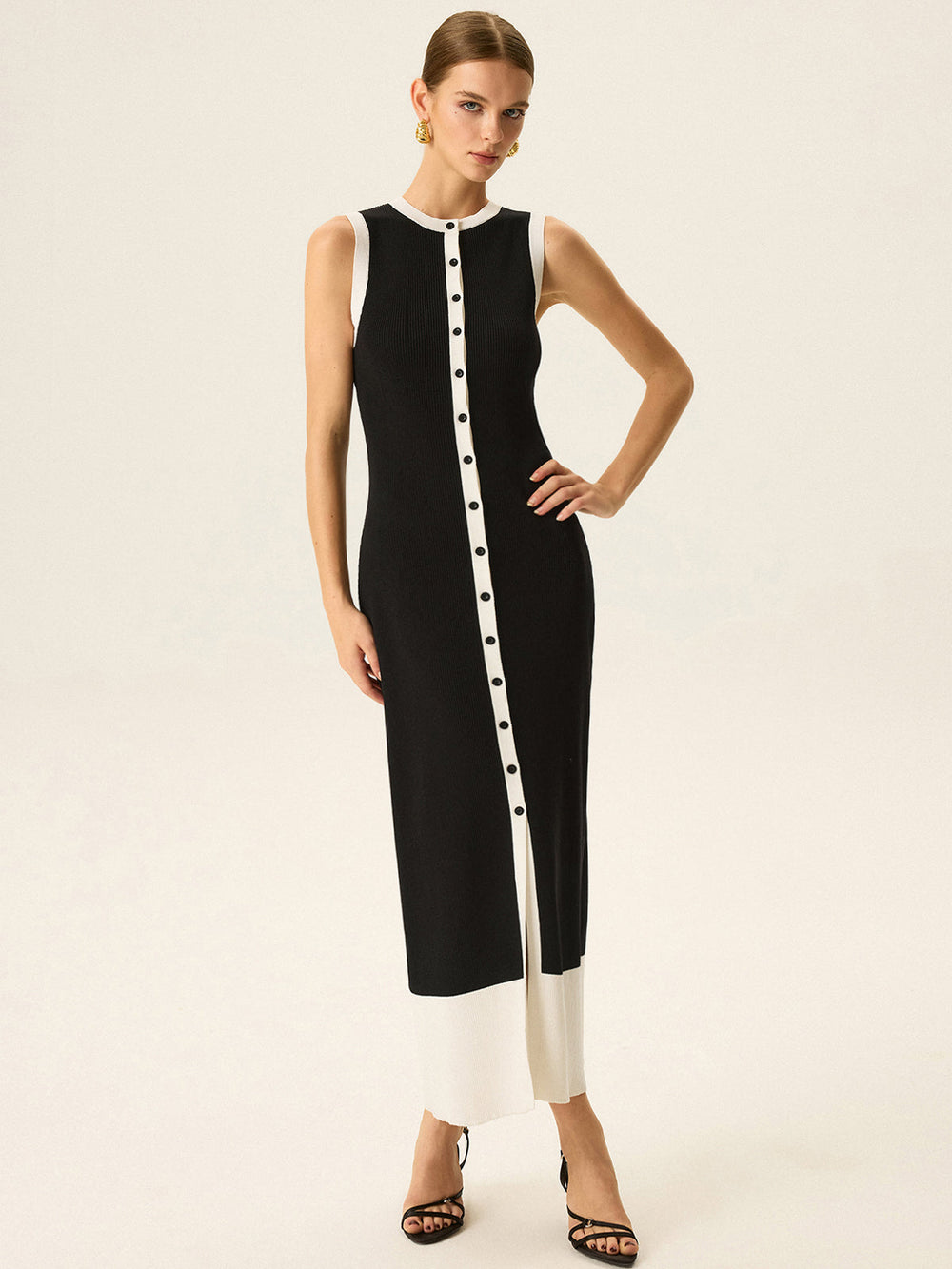 Robe Maxi à Boutons avec Garniture Contrastante
