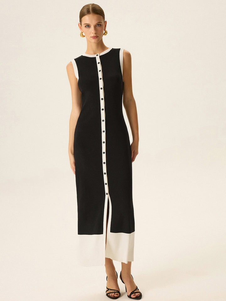 Robe Maxi à Boutons avec Garniture Contrastante
