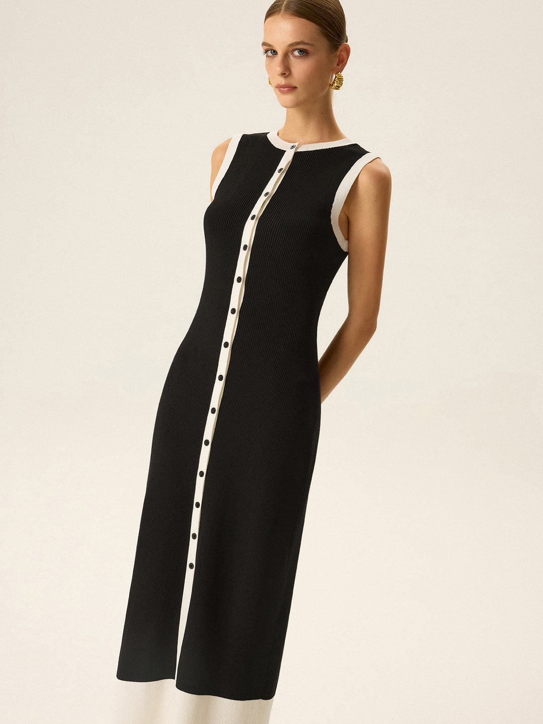Robe Maxi à Boutons avec Garniture Contrastante