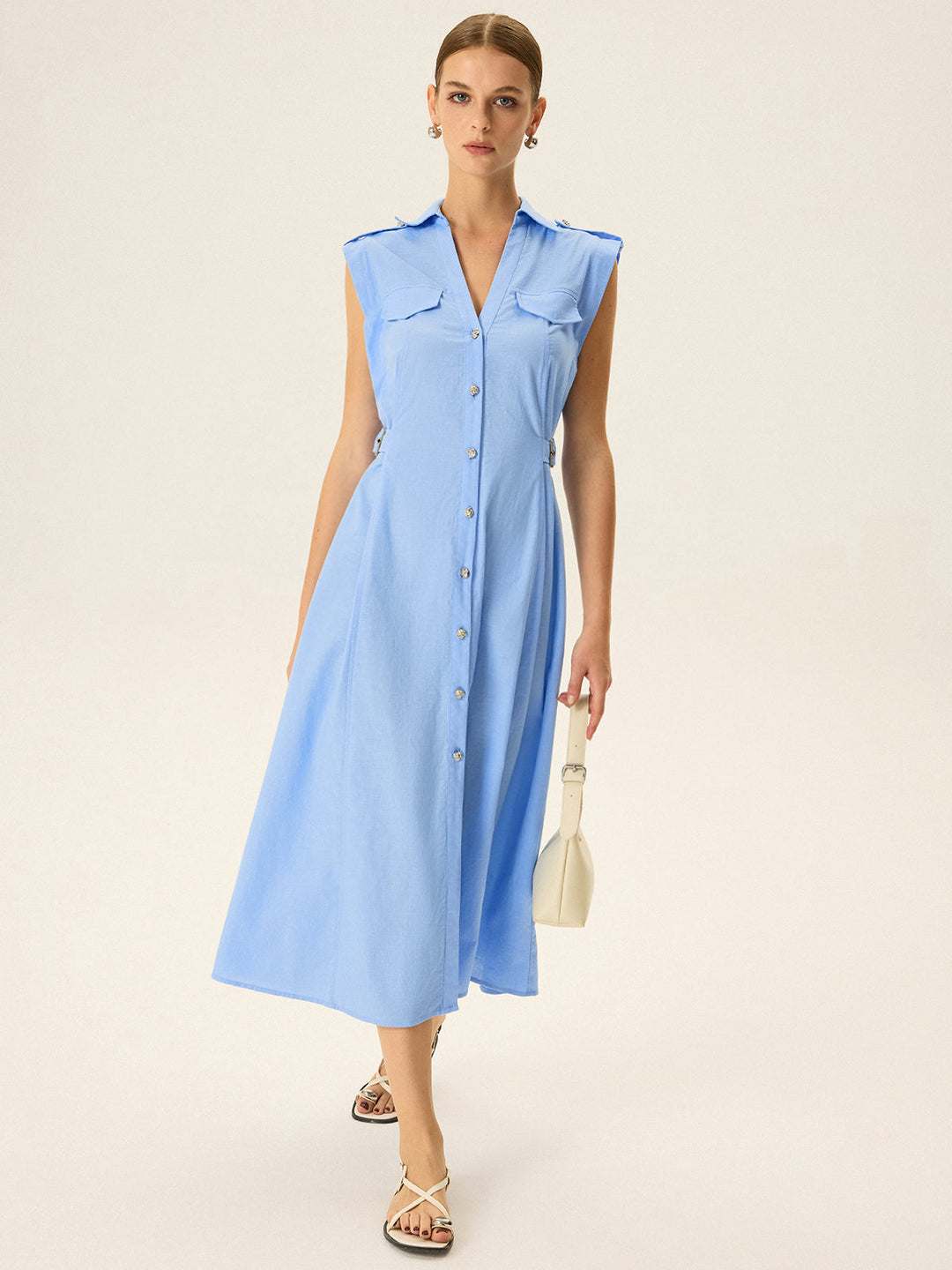 Robe Mi-longue en Lin et Coton avec Bouton Métallique