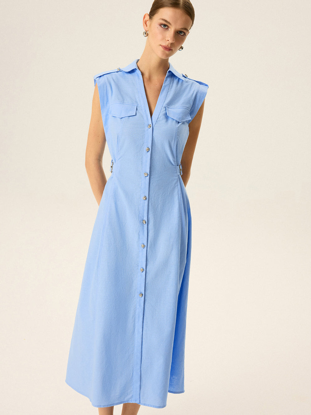 Robe Mi-longue en Lin et Coton avec Bouton Métallique