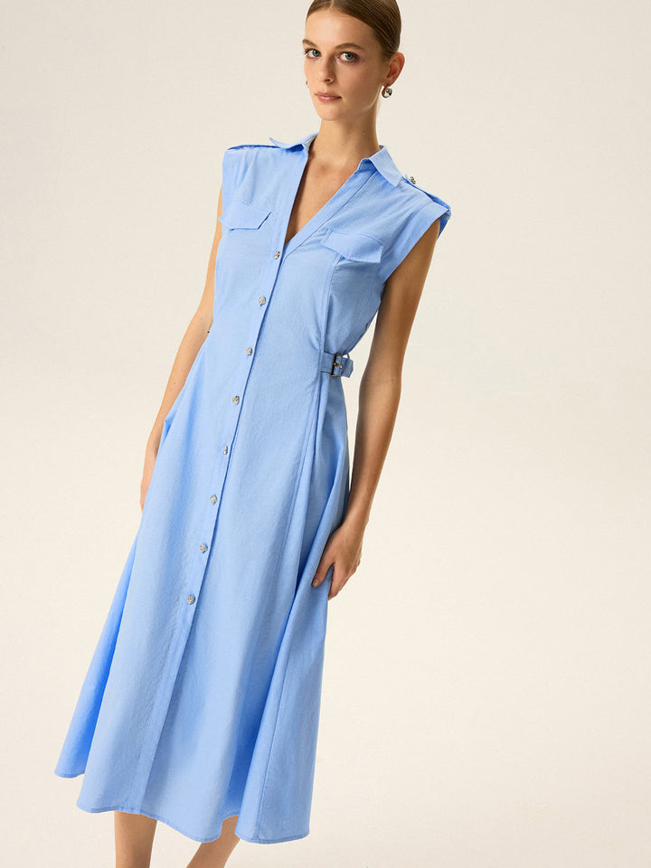 Robe Mi-longue en Lin et Coton avec Bouton Métallique