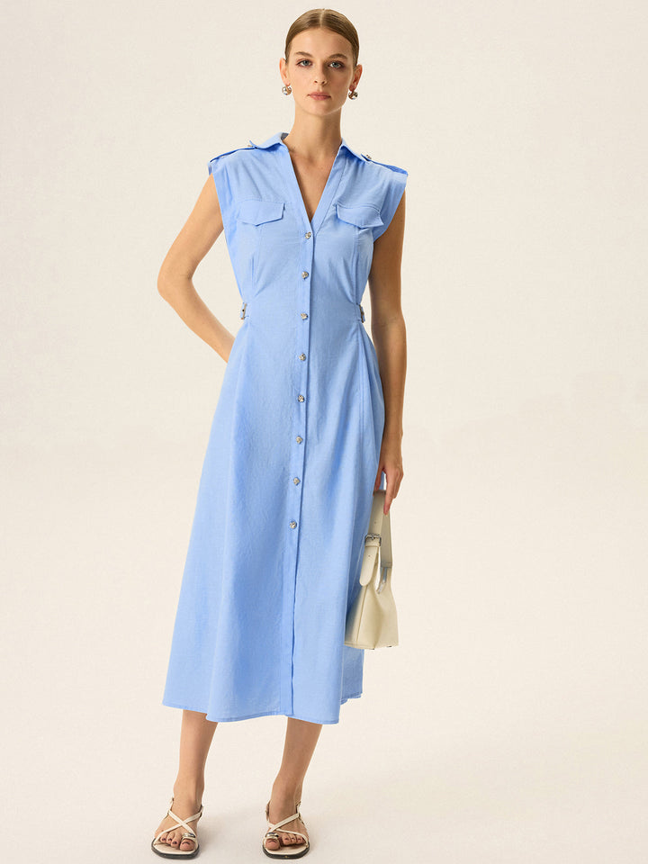 Robe Mi-longue en Lin et Coton avec Bouton Métallique