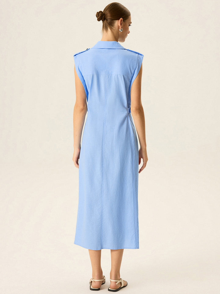Robe Mi-longue en Lin et Coton avec Bouton Métallique