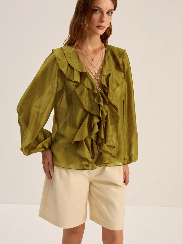 Blouse à volants en Tencel semi-transparent