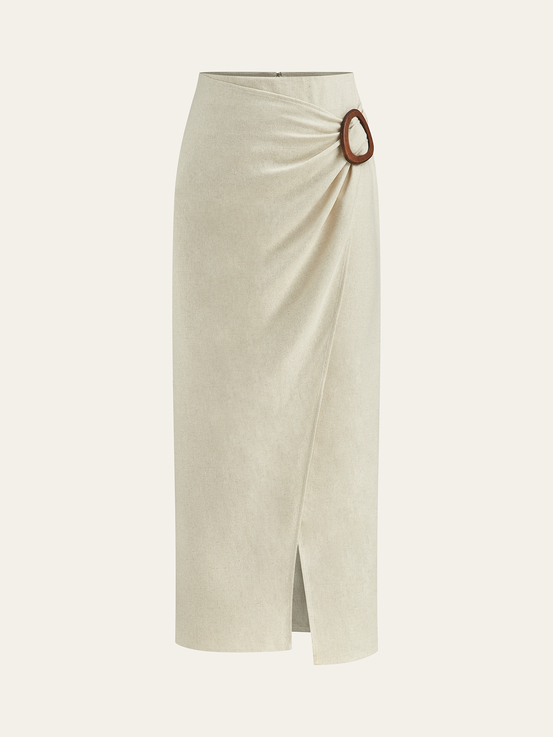 Jupe midi portefeuille en lin mélangé avec boucle en bois