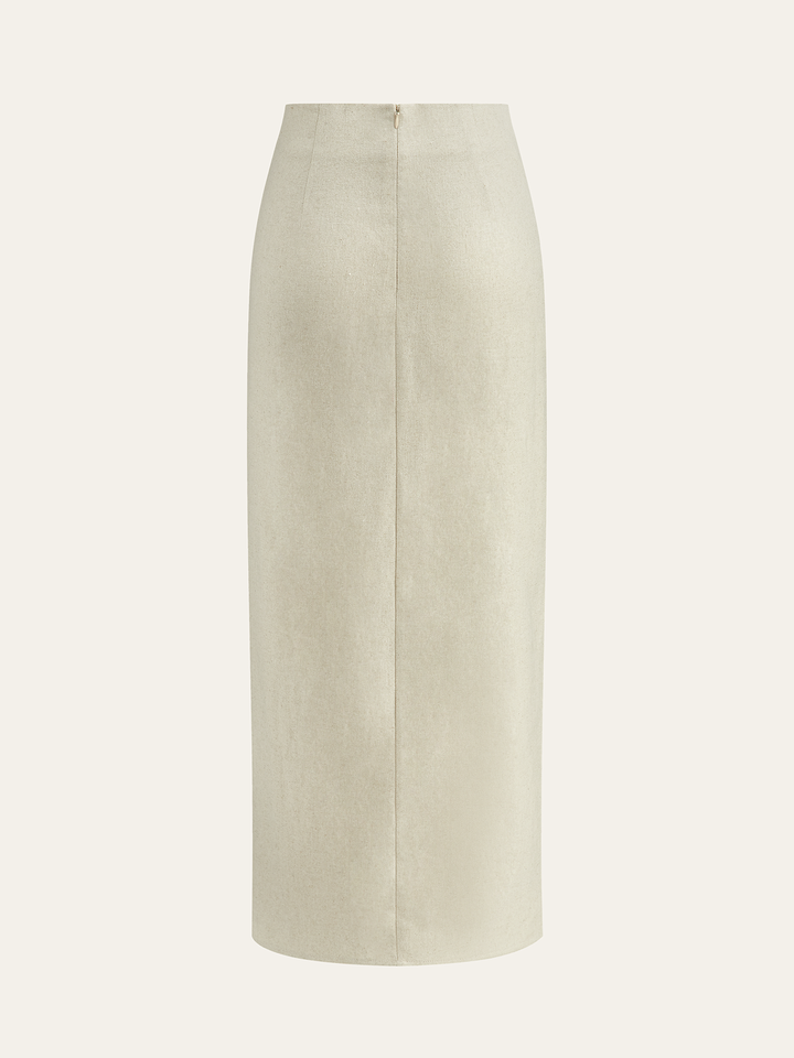 Jupe midi portefeuille en lin mélangé avec boucle en bois