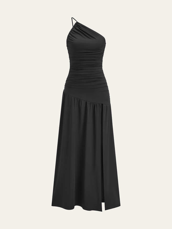 Robe Longue Plissée à Une Épaule et Fente