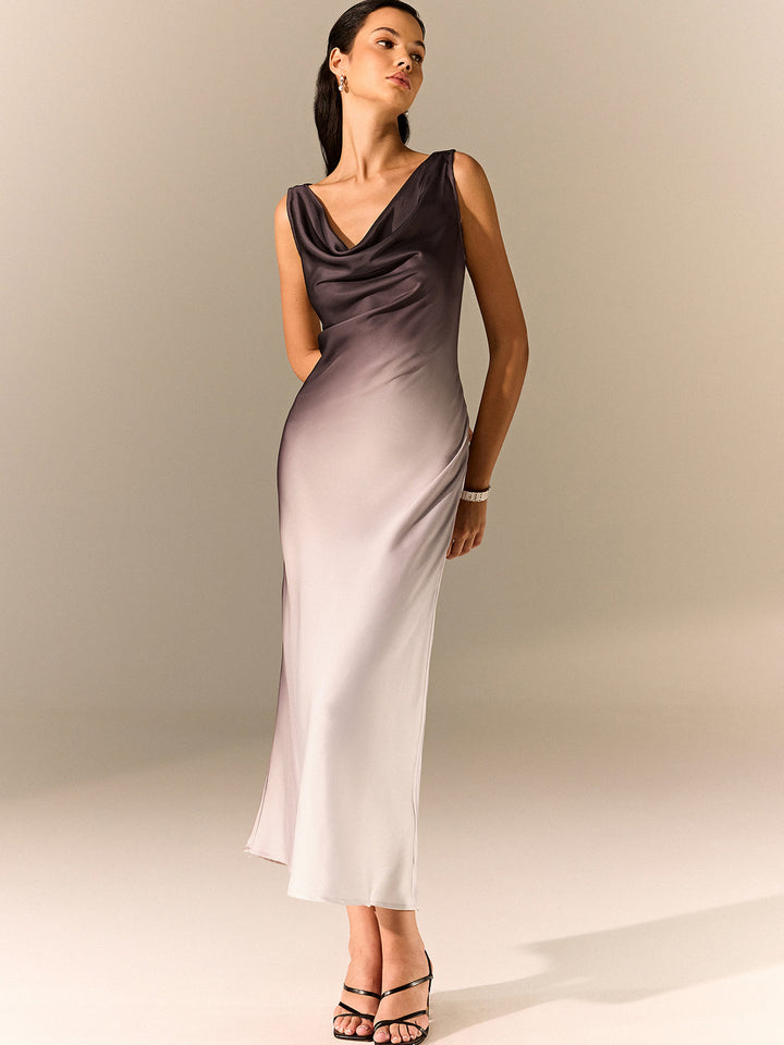 Robe Longue à Col Cheminée en Satin Ombré