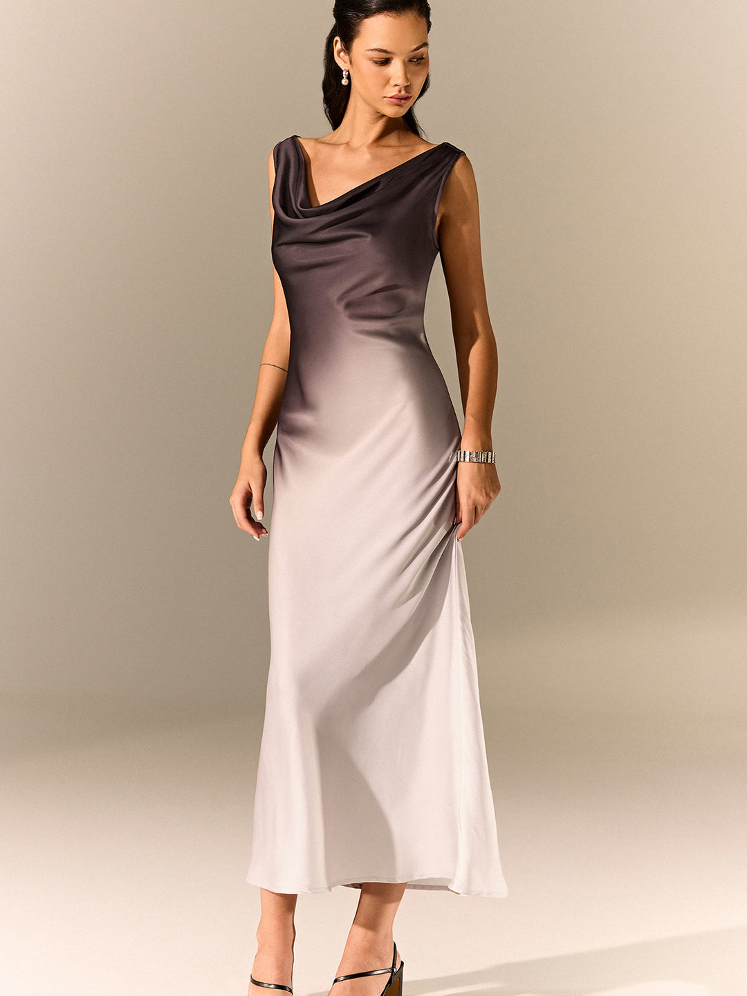 Robe Longue à Col Cheminée en Satin Ombré
