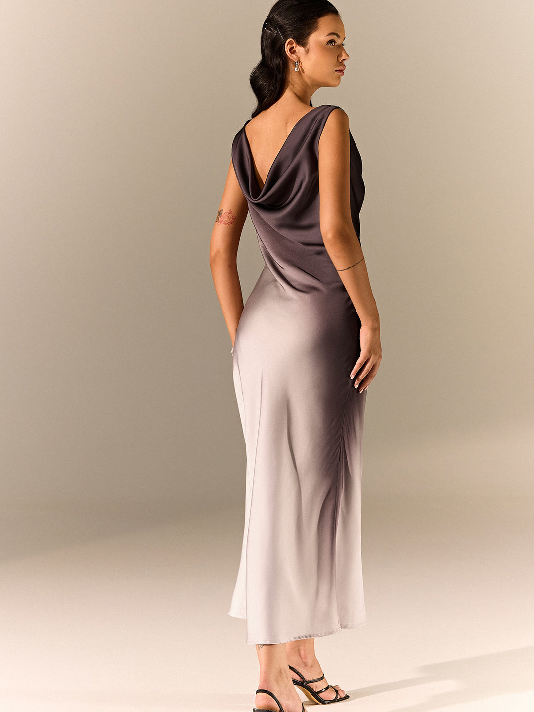 Robe Longue à Col Cheminée en Satin Ombré