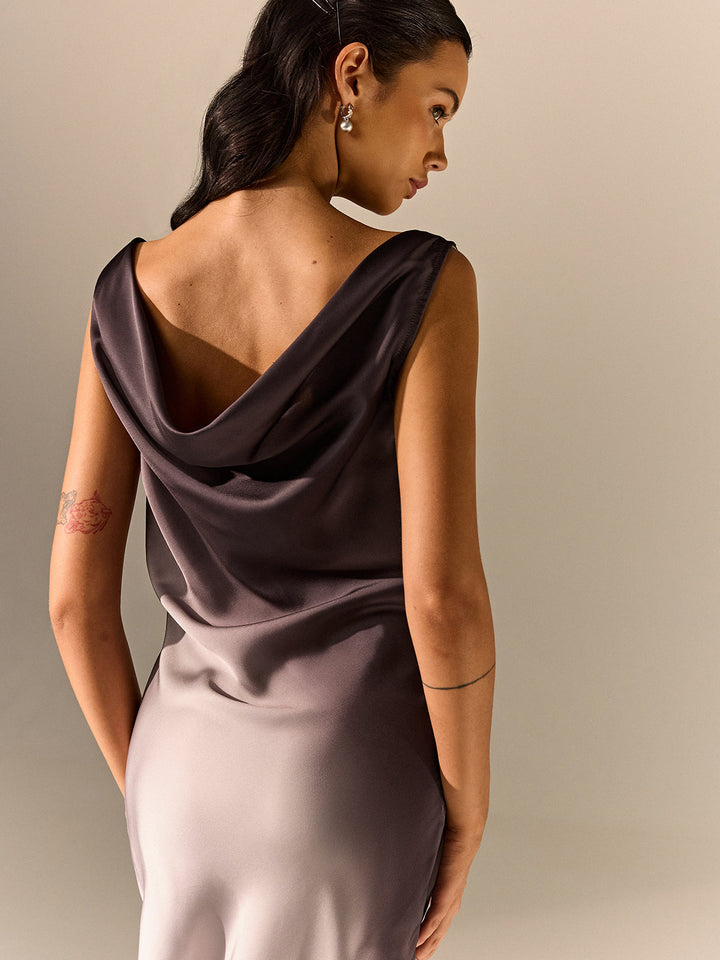 Robe Longue à Col Cheminée en Satin Ombré