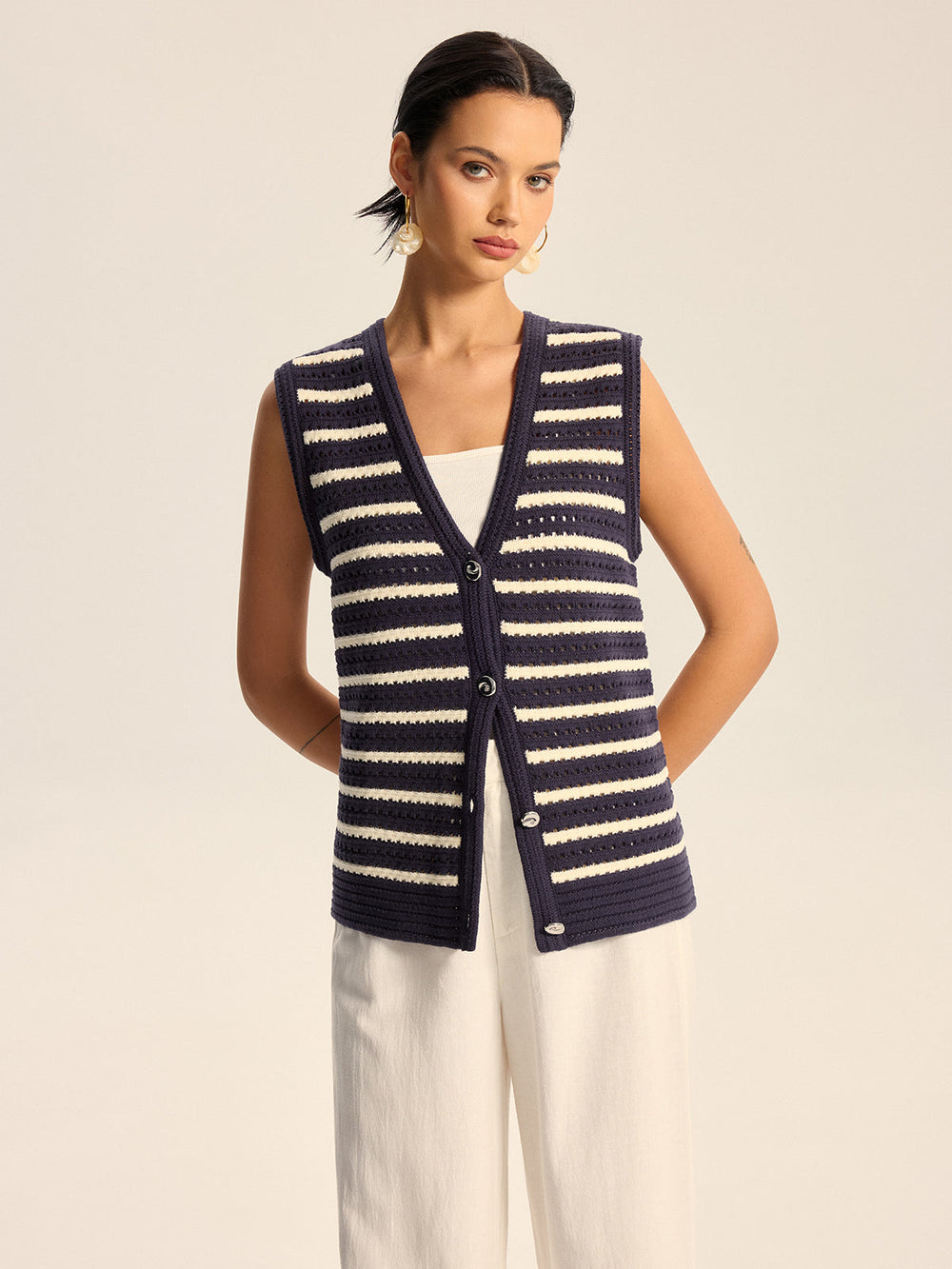 Gilet Boutonné Tricoté Rayé