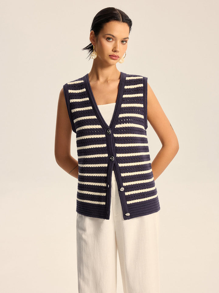 Gilet Boutonné Tricoté Rayé