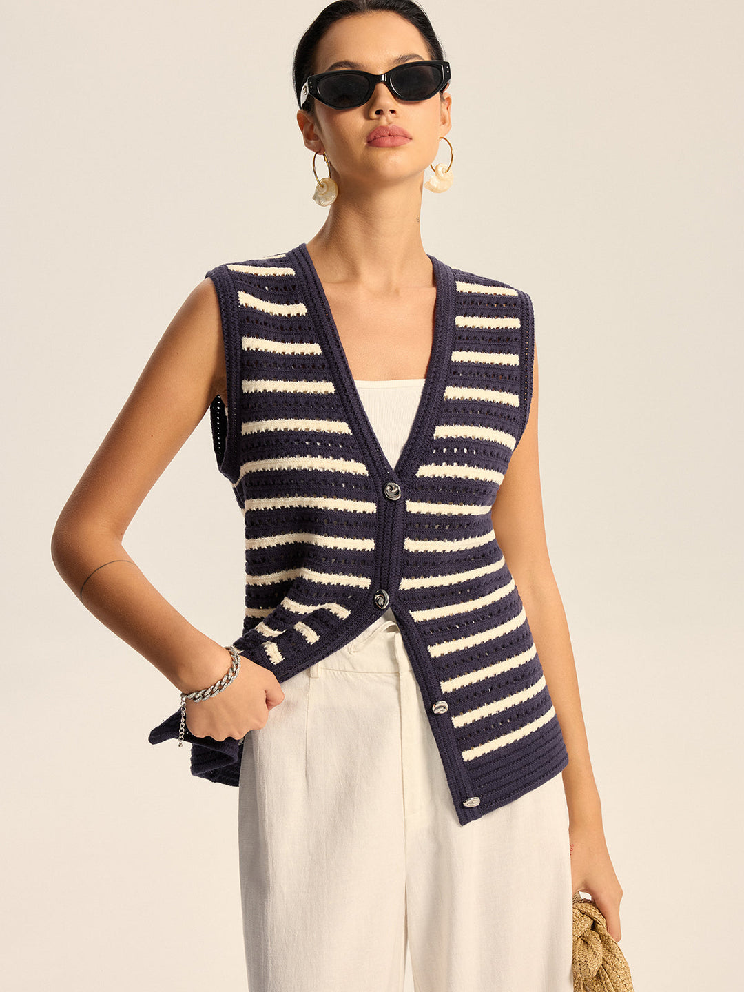 Gilet Boutonné Tricoté Rayé