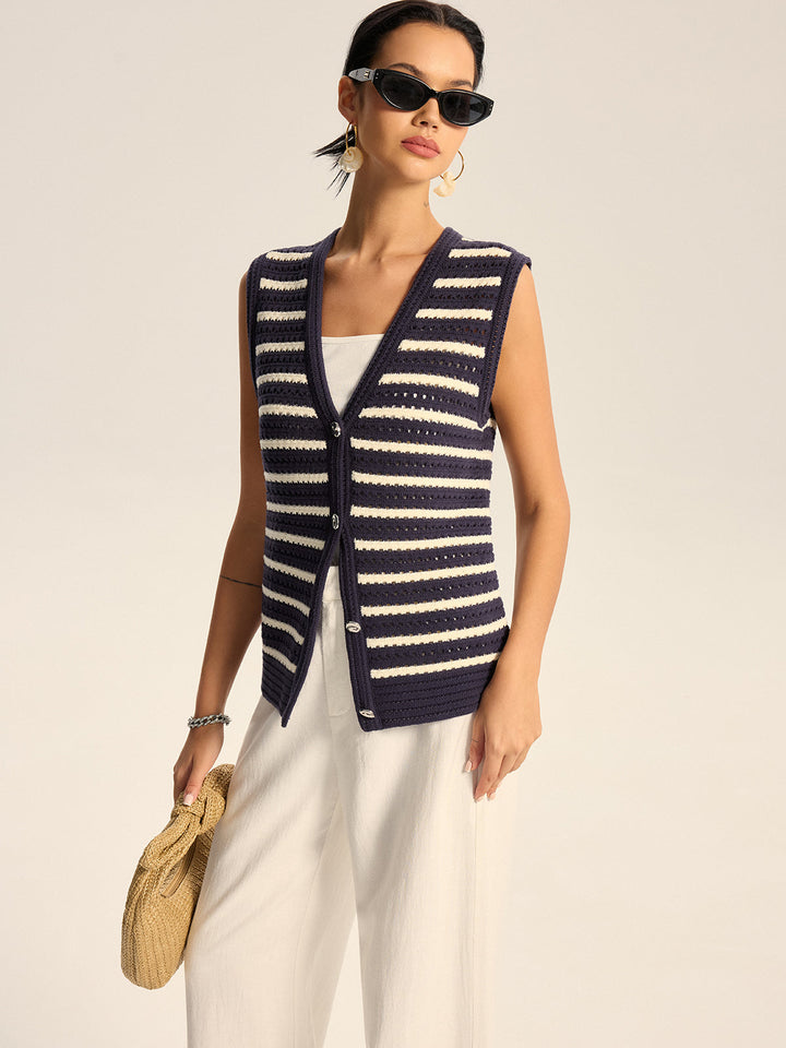Gilet Boutonné Tricoté Rayé