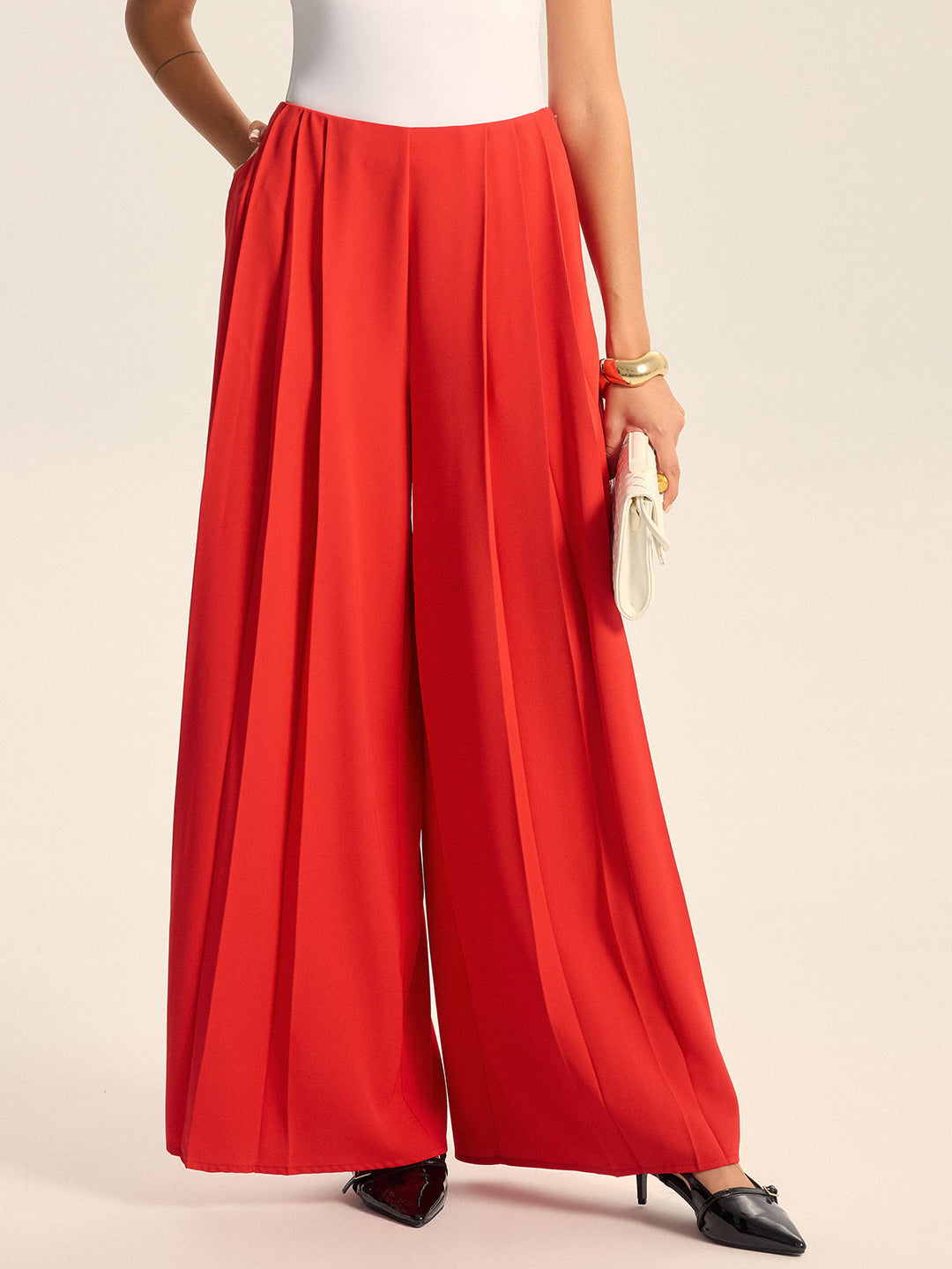 Pantalons Larges Plissés Taille Mi-haute